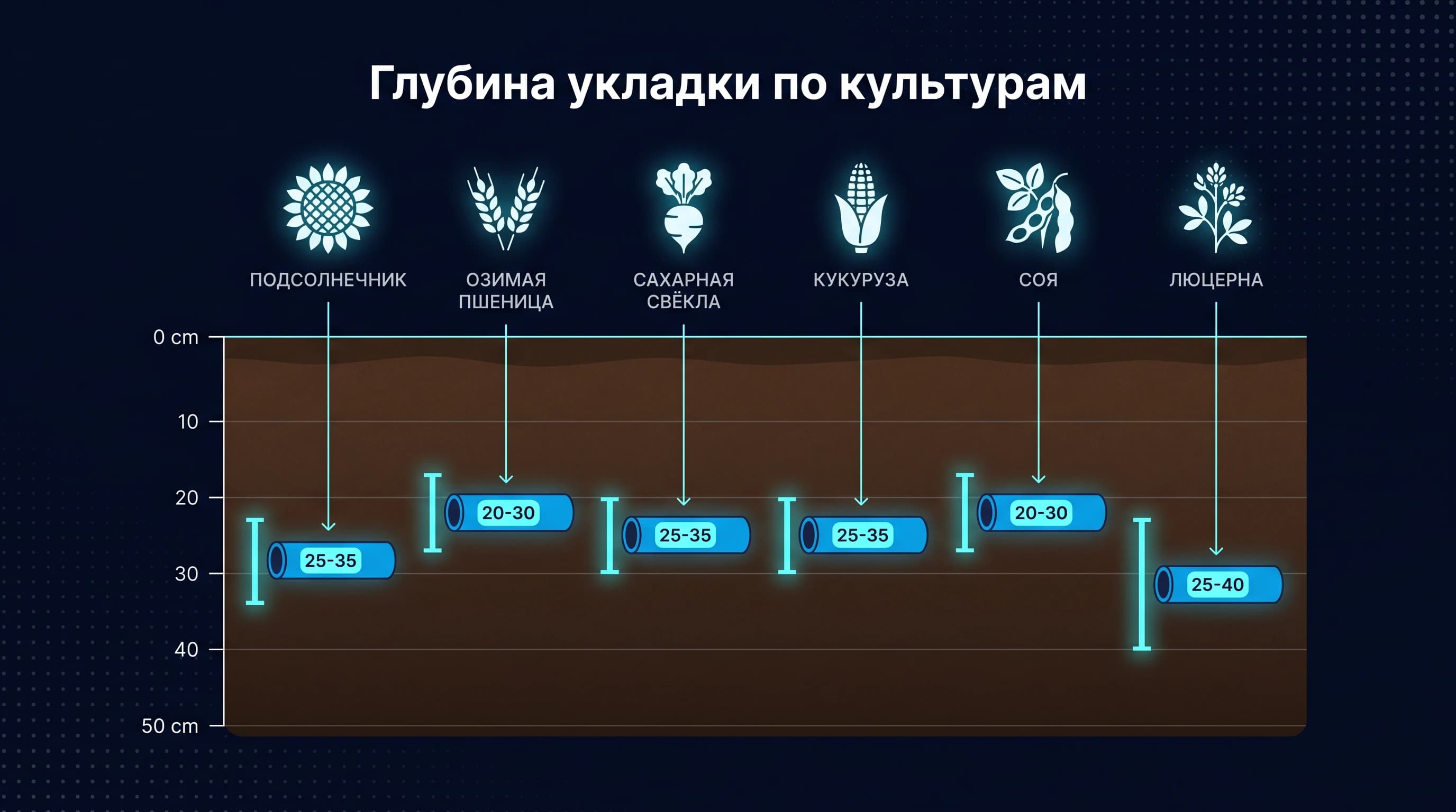 Глубина укладки по культурам — разрез почвы
