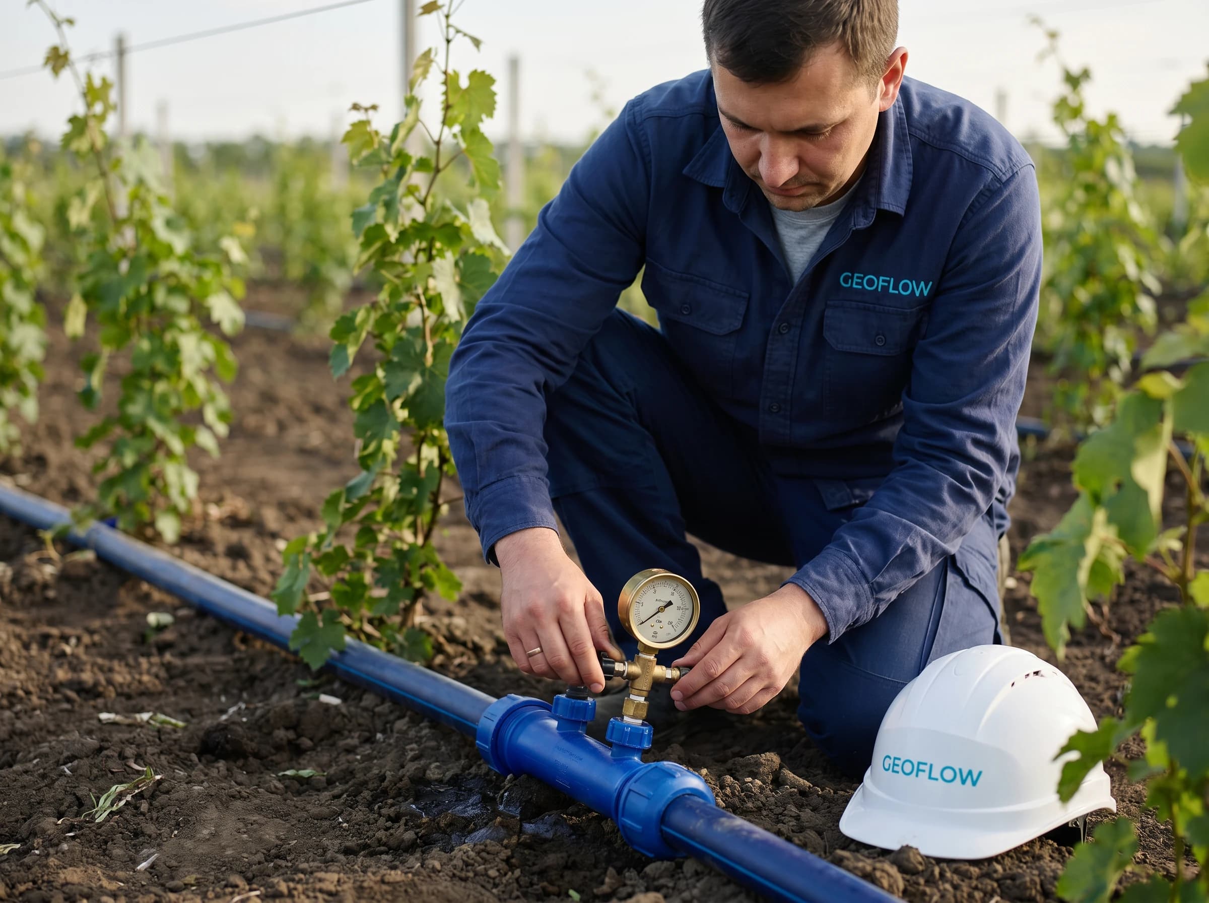 Engineer kneeling in a field reviewing drip pressure with a manifold gauge